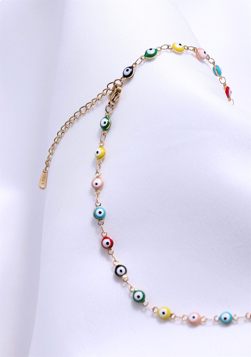 Altın Sarısı Renkli Nazar Boncuk Motifli Çelik Kolye 