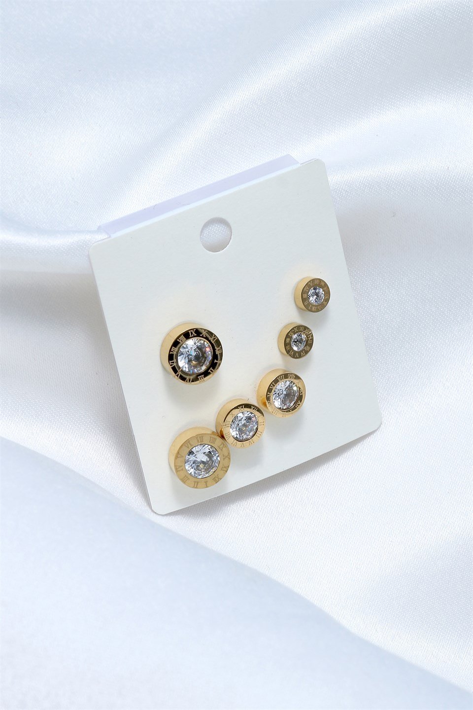 Altın Sarısı Renkli Zirkon Taşlı Çelik 'lı Küpe Seti