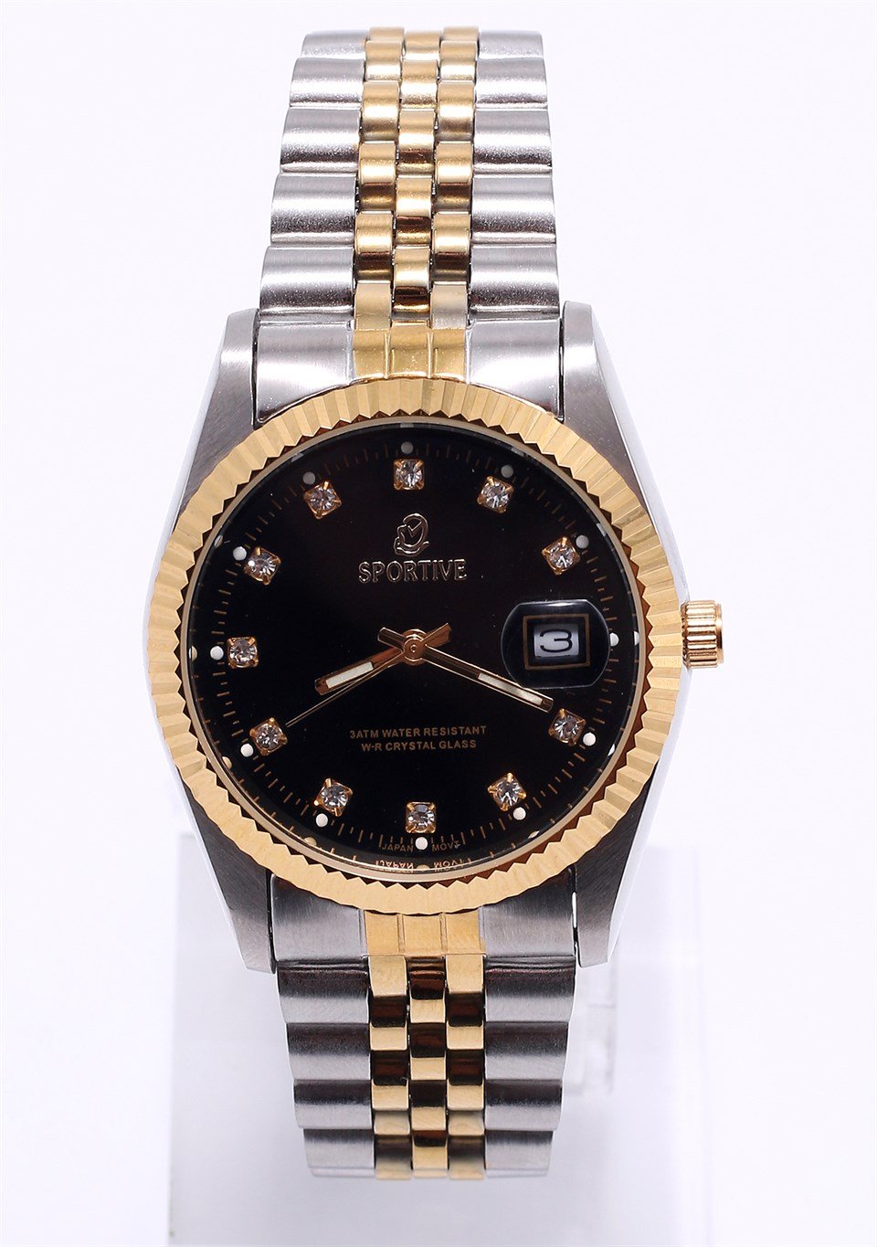 Zirkon Taşlı Siyah Kadranlı Altın Sarısı Detaylı Çelik Saat