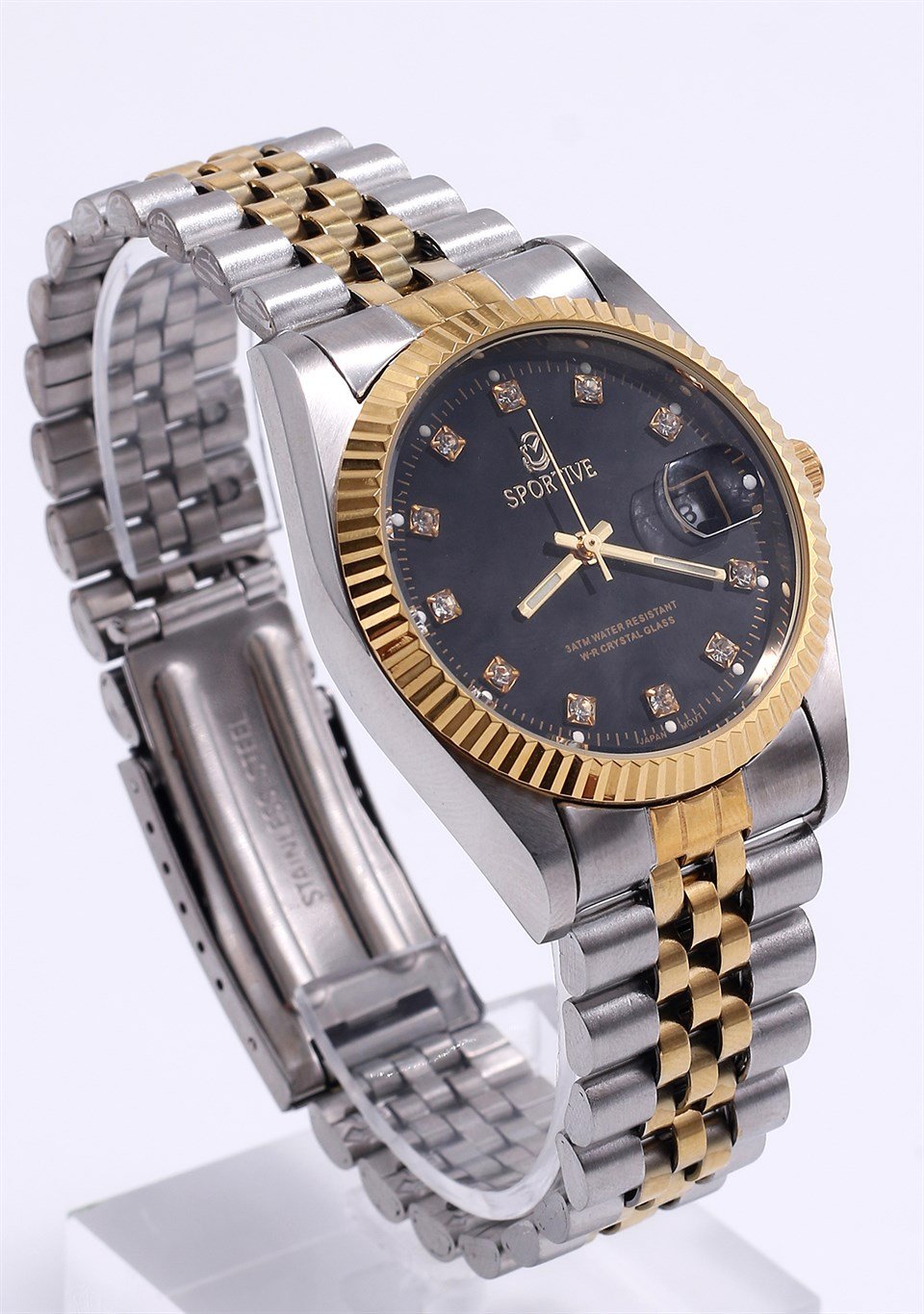 Zirkon Taşlı Siyah Kadranlı Altın Sarısı Detaylı Çelik Saat