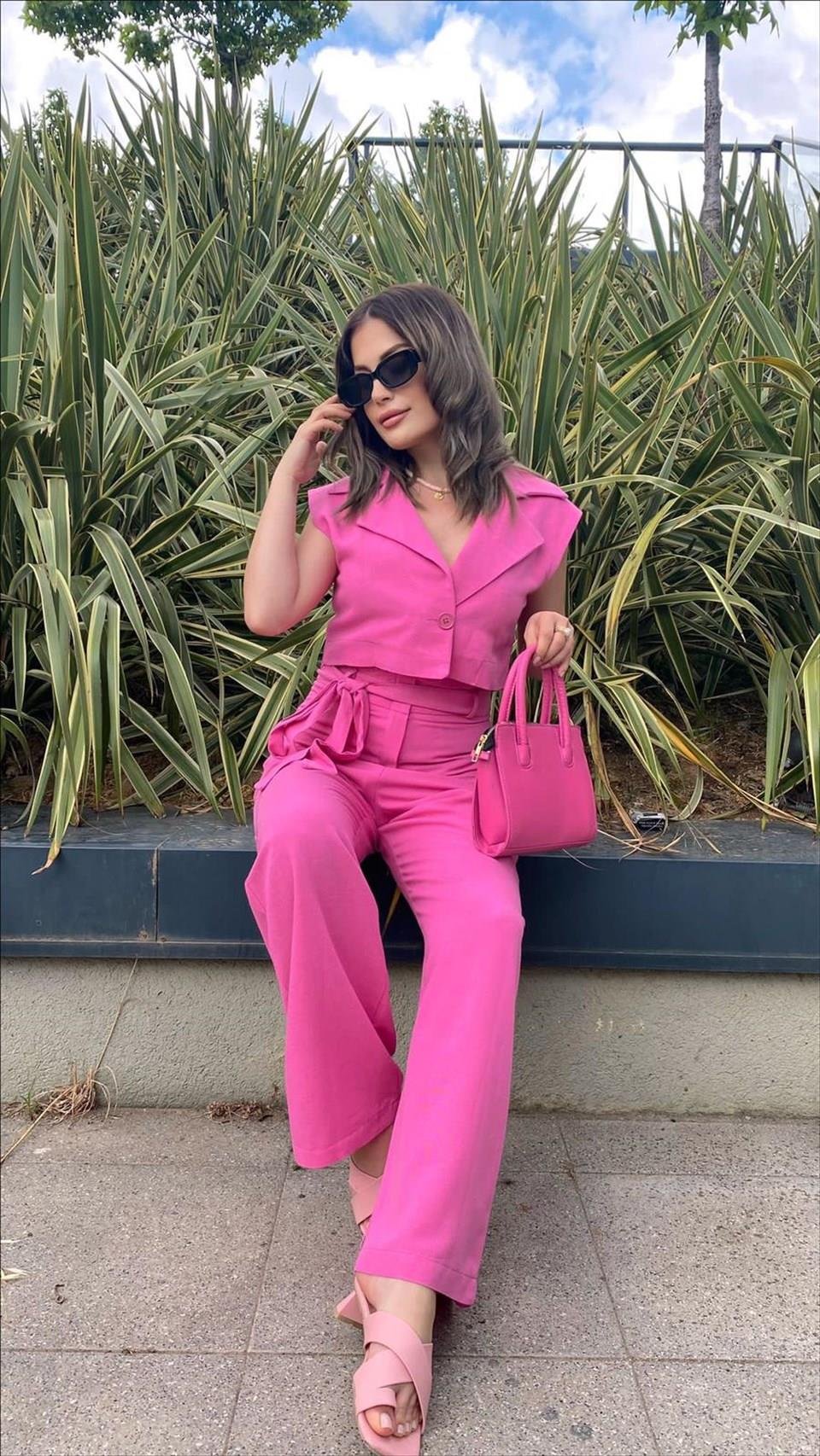 %100 Keten Ceketli Pembe Tulum