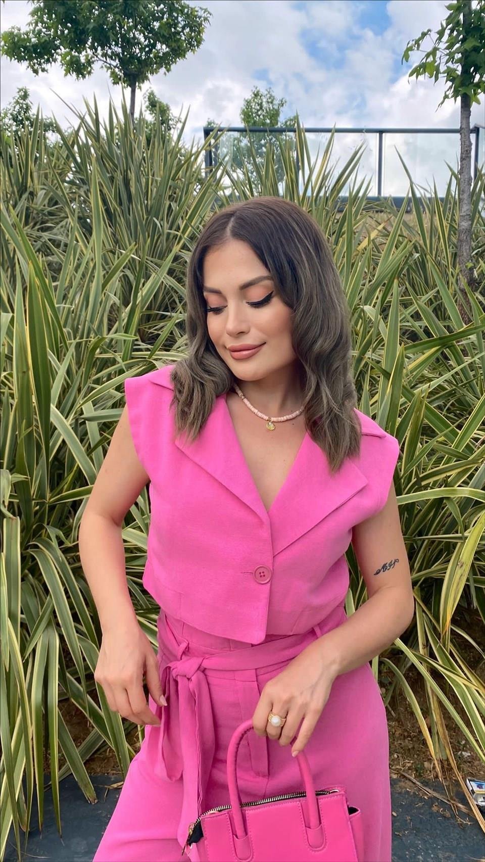 %100 Keten Ceketli Pembe Tulum