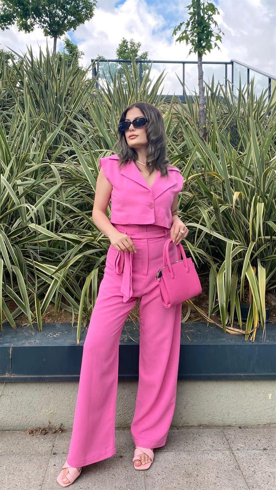 %100 Keten Ceketli Pembe Tulum