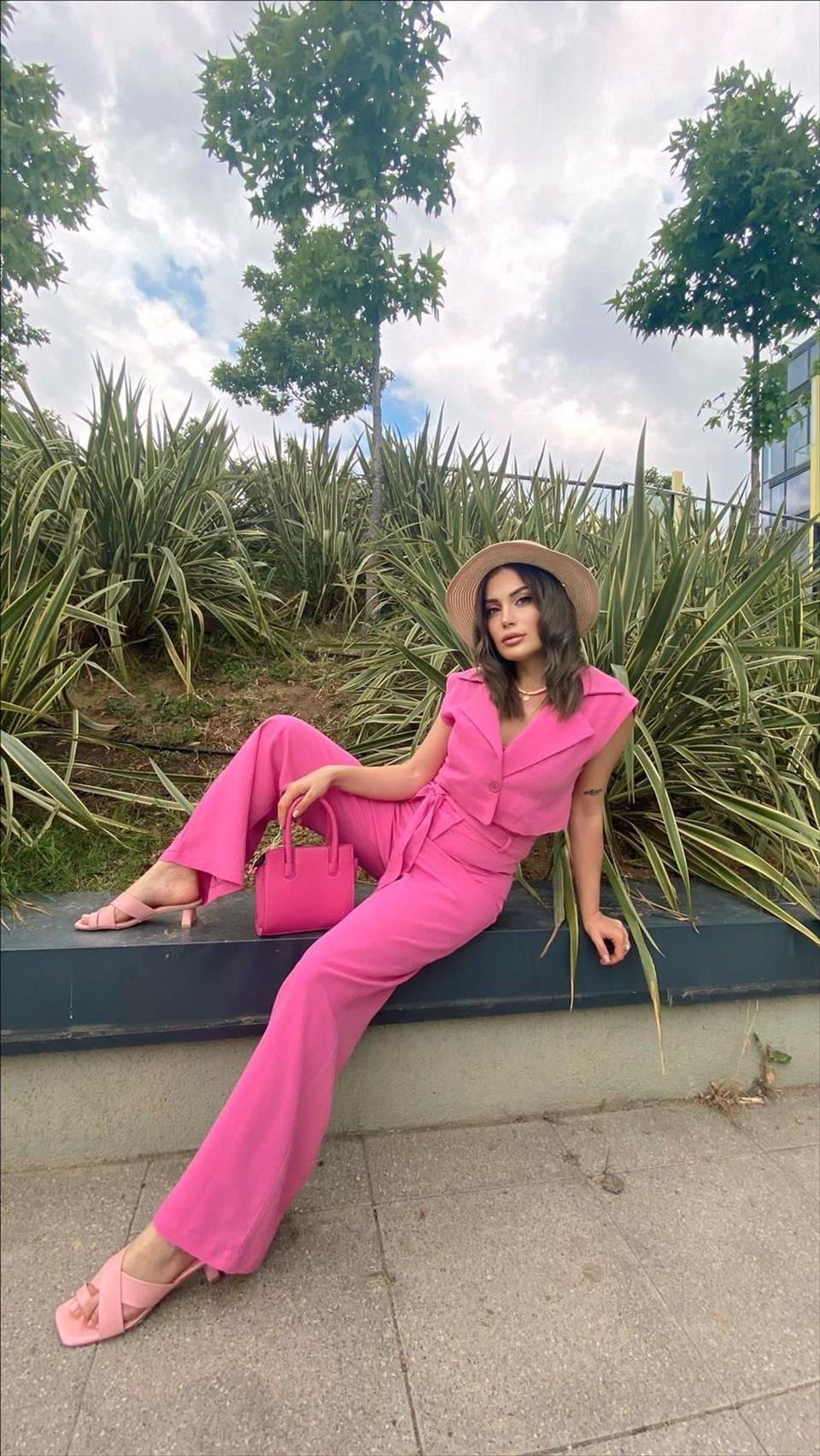 %100 Keten Ceketli Pembe Tulum