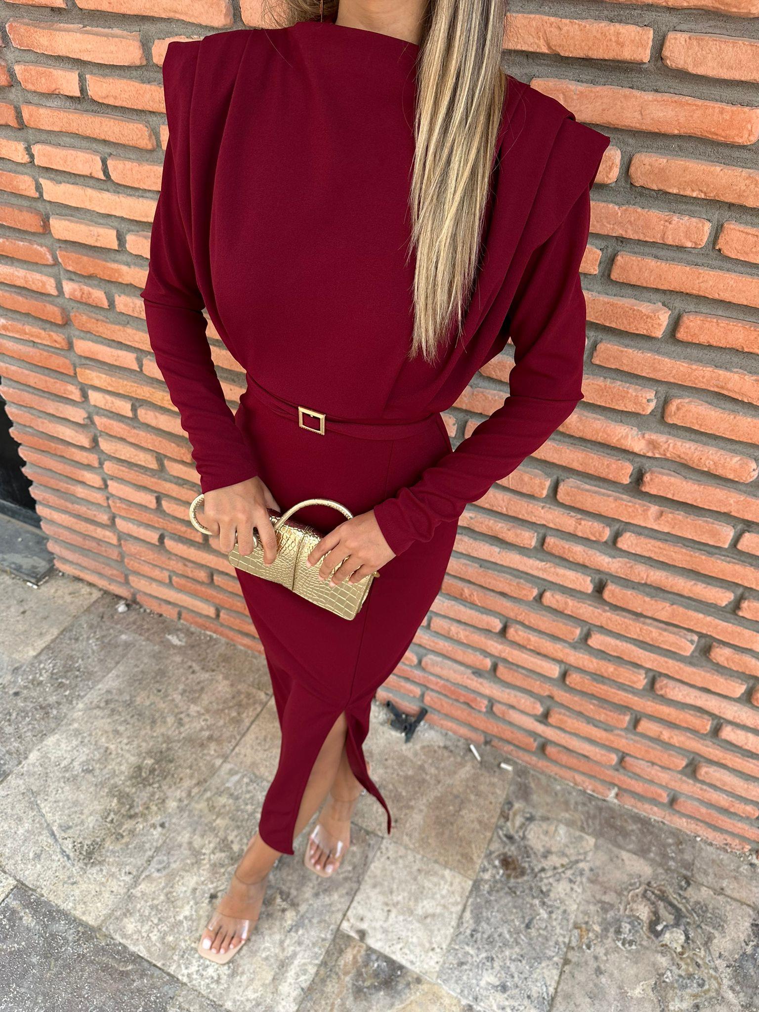 Alessi Gold Kuşaklı Bordo Elbise kelb1012grs