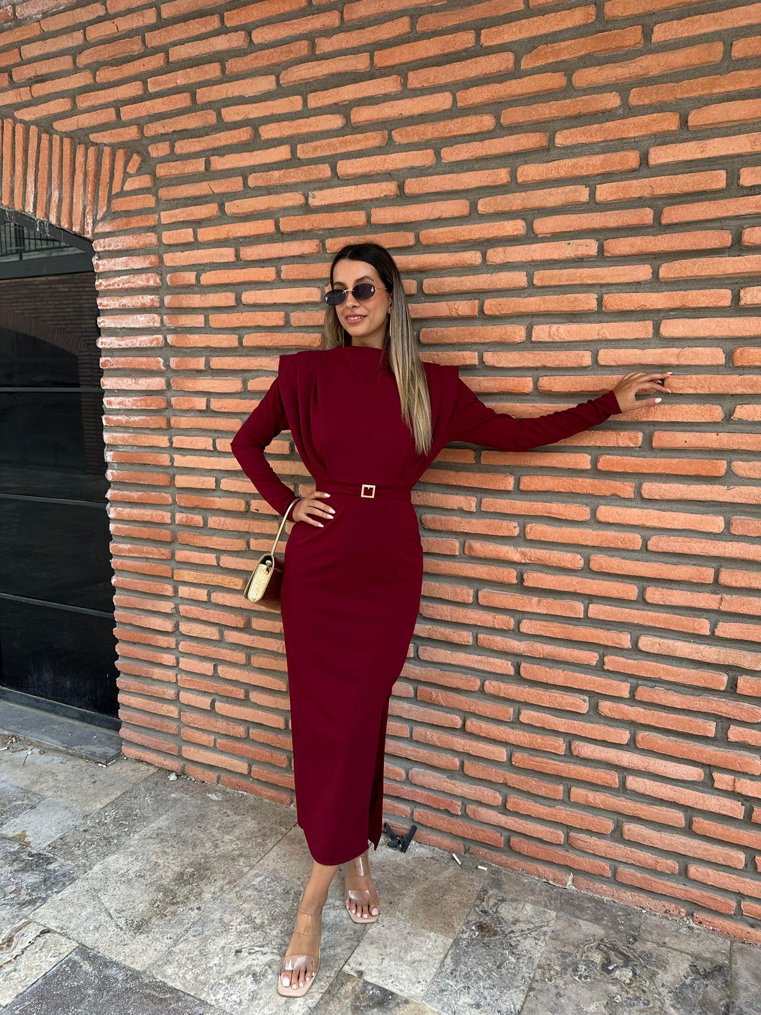Alessi Gold Kuşaklı Bordo Elbise kelb1012grs