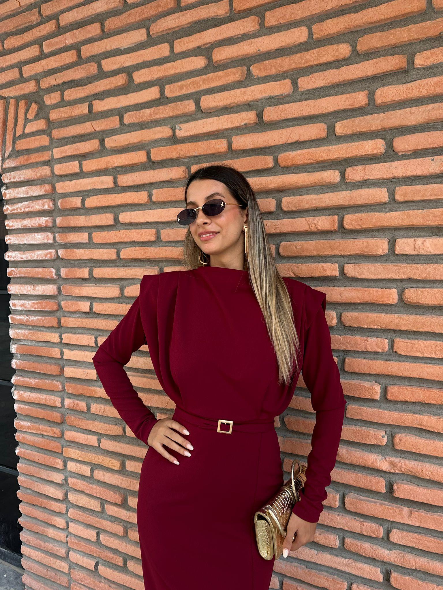 Alessi Gold Kuşaklı Bordo Elbise kelb1012grs