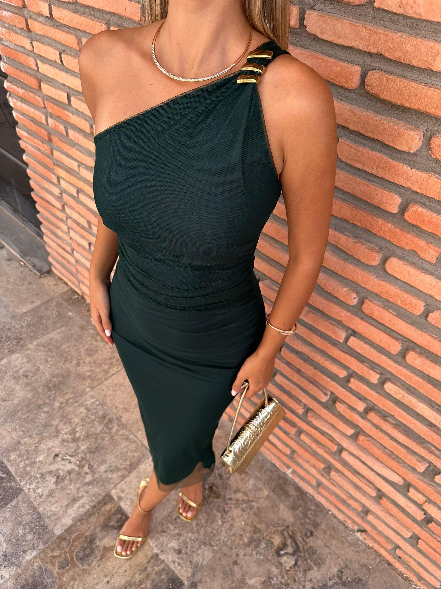 Aleza Tek Kol Yeşil Tül Elbise  0706211104