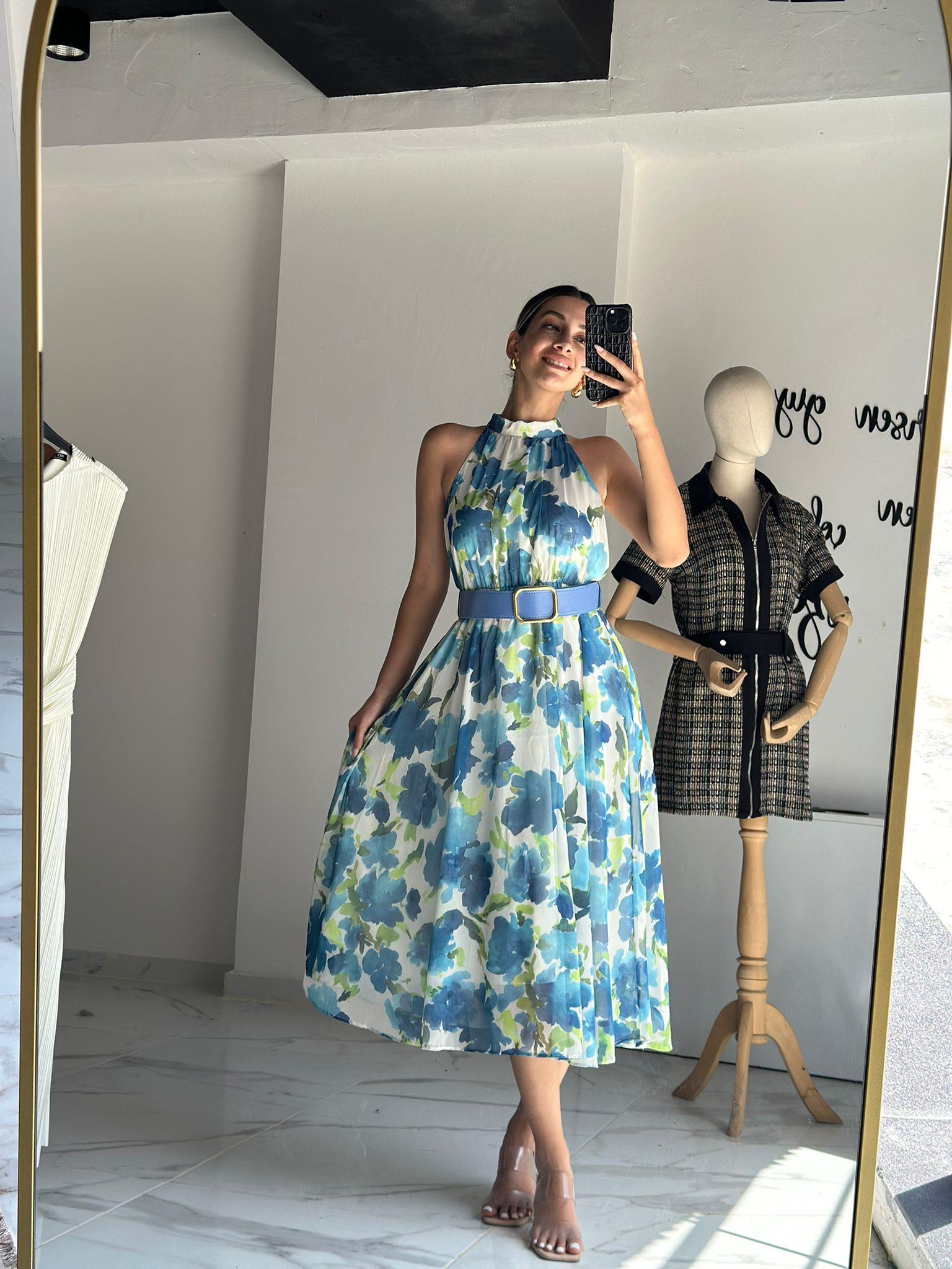 Angel Bebe Mavisi Çiçekli Kemerli Şifon Elbise 070621119