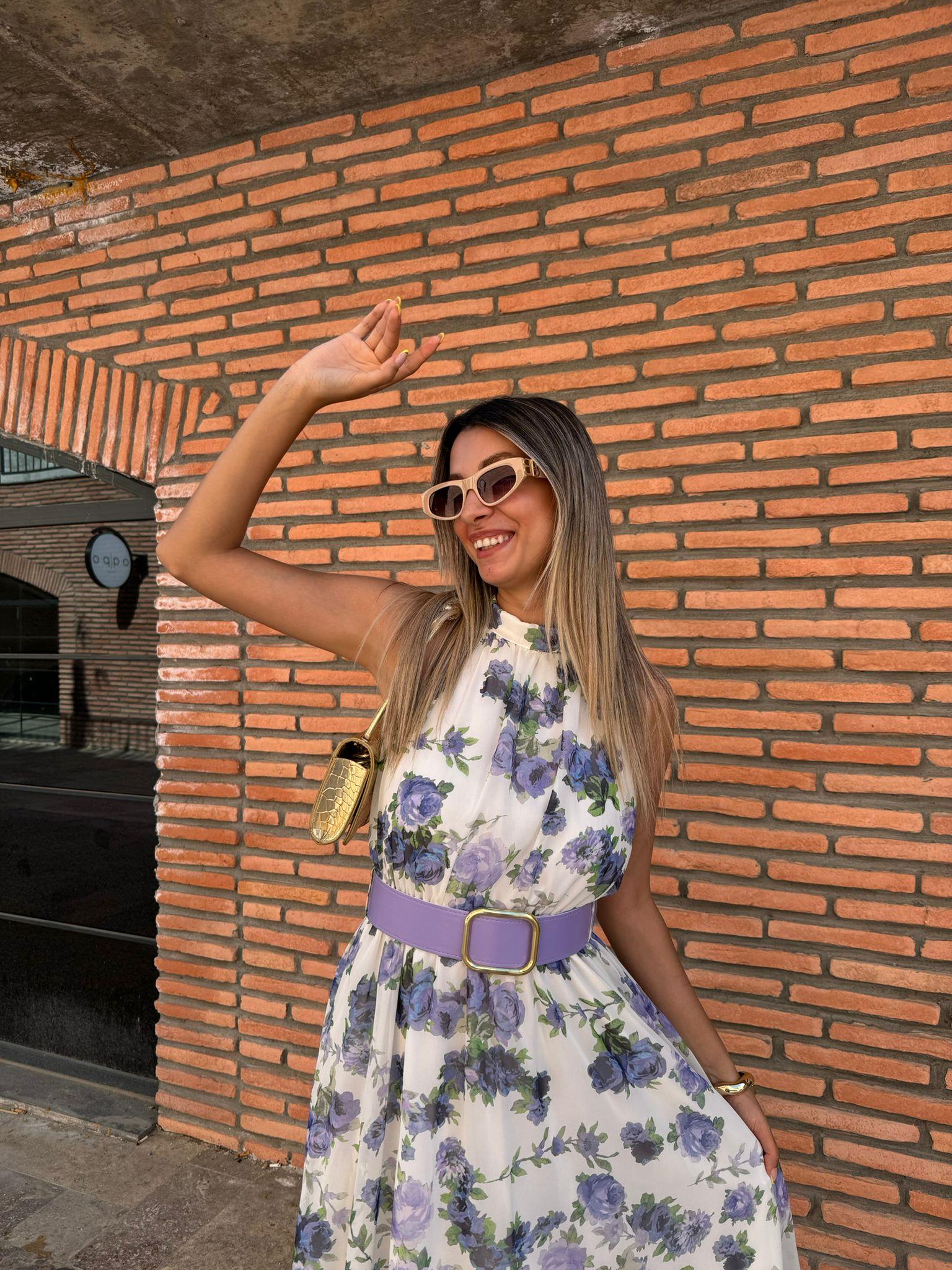Angel Lila Çiçekli Kemerli Şifon Elbise 070621119