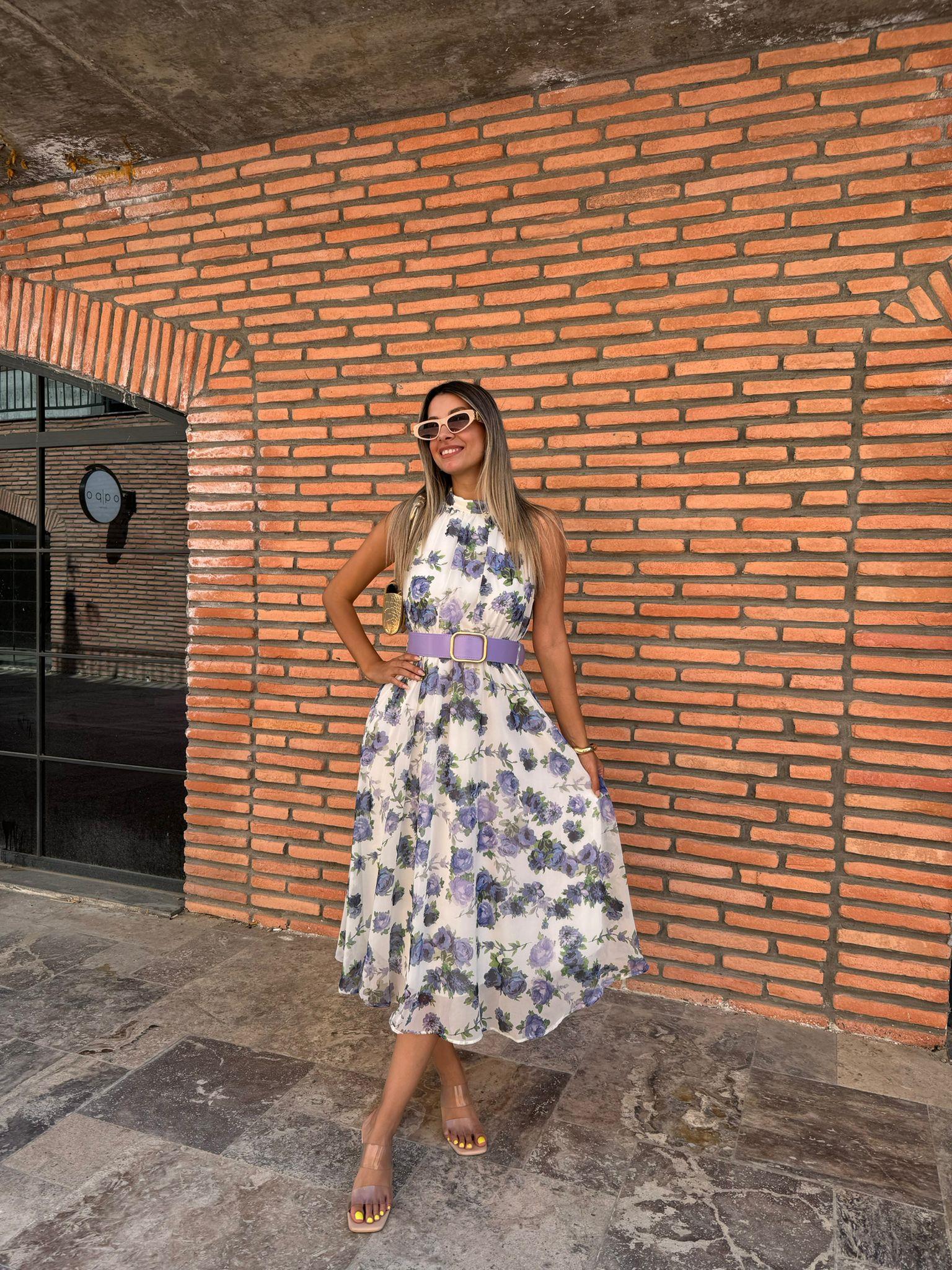 Angel Lila Çiçekli Kemerli Şifon Elbise 070621119