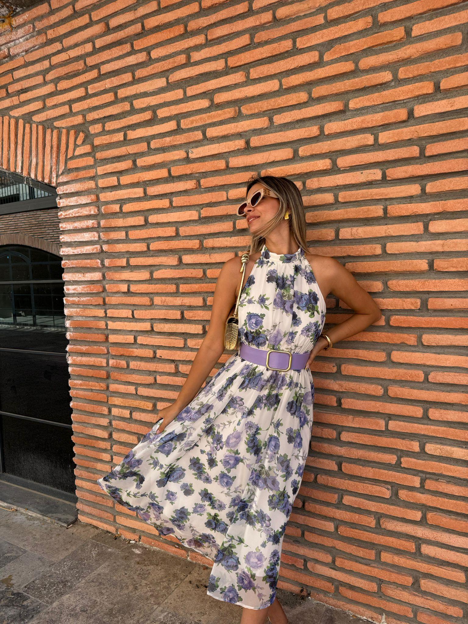 Angel Lila Çiçekli Kemerli Şifon Elbise 070621119