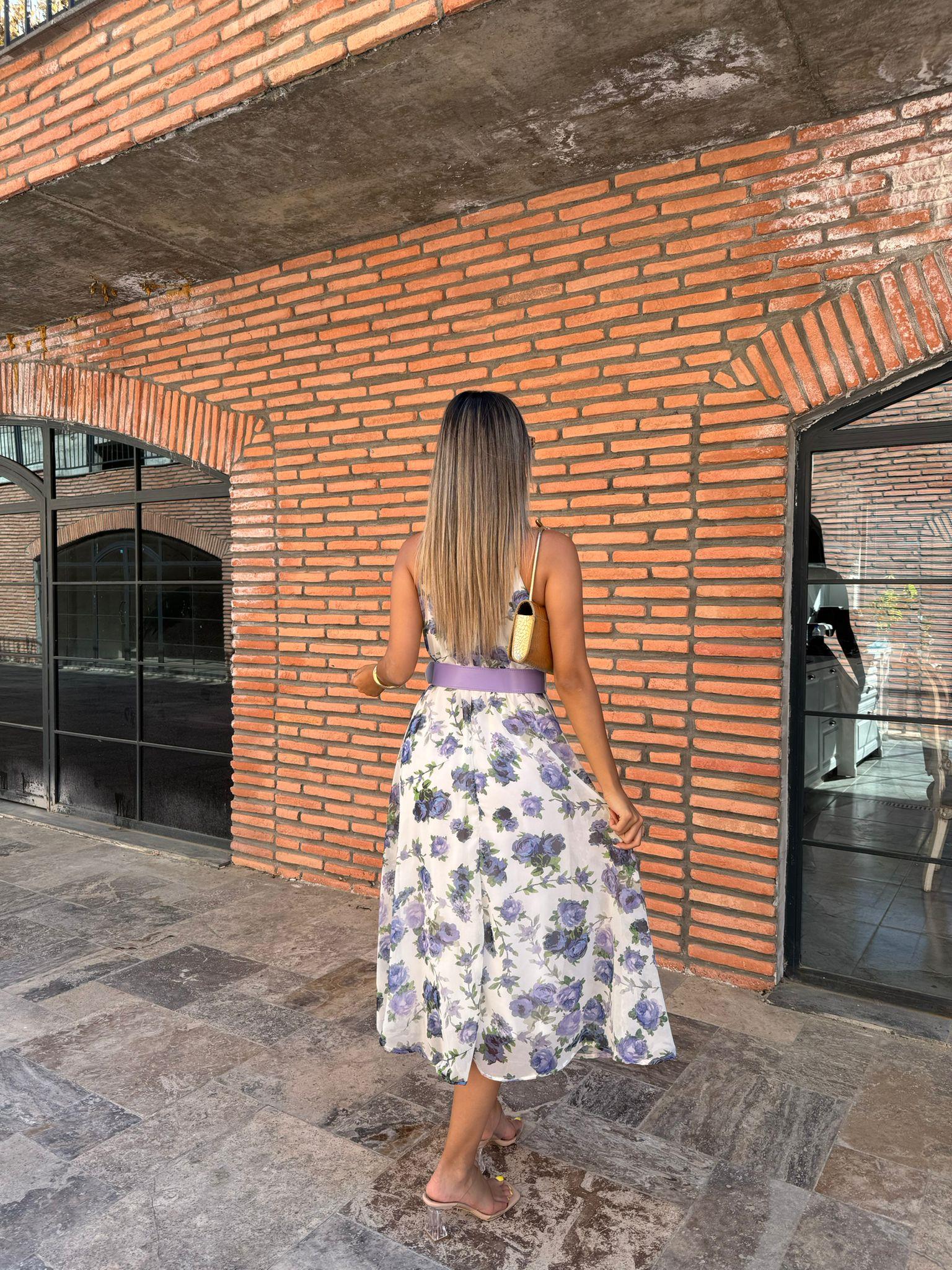 Angel Lila Çiçekli Kemerli Şifon Elbise 070621119