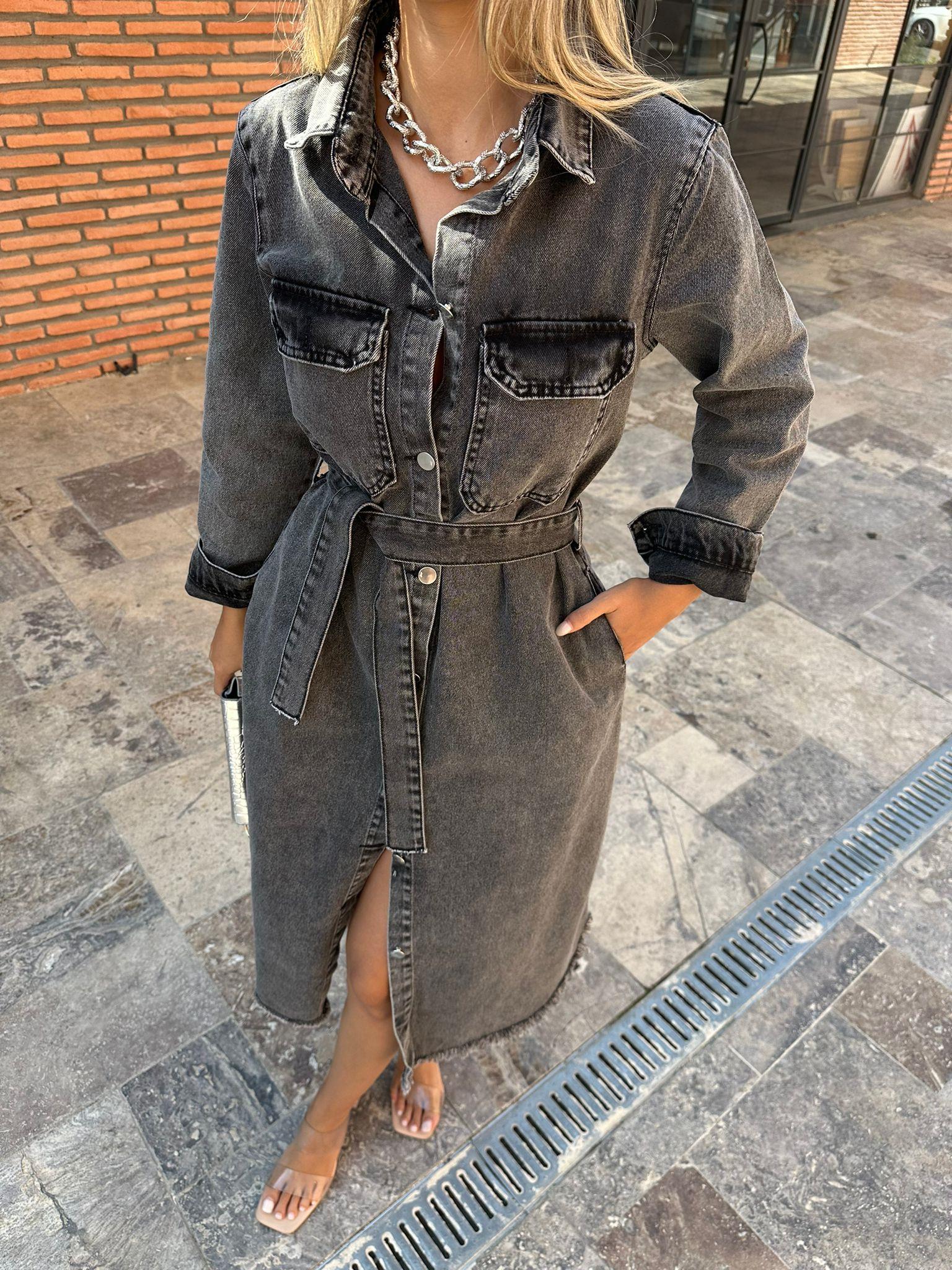 Antrasit Yıkamalı Midi Boy Essa Tasarım Jean Elbise kelb1003sg
