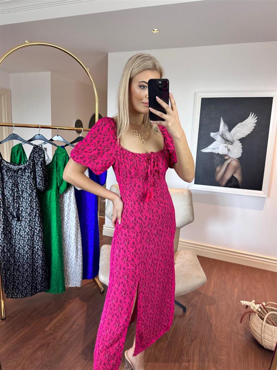 Arora Göğüs Bağcıklı Viskon Elbise Pembe 2904161