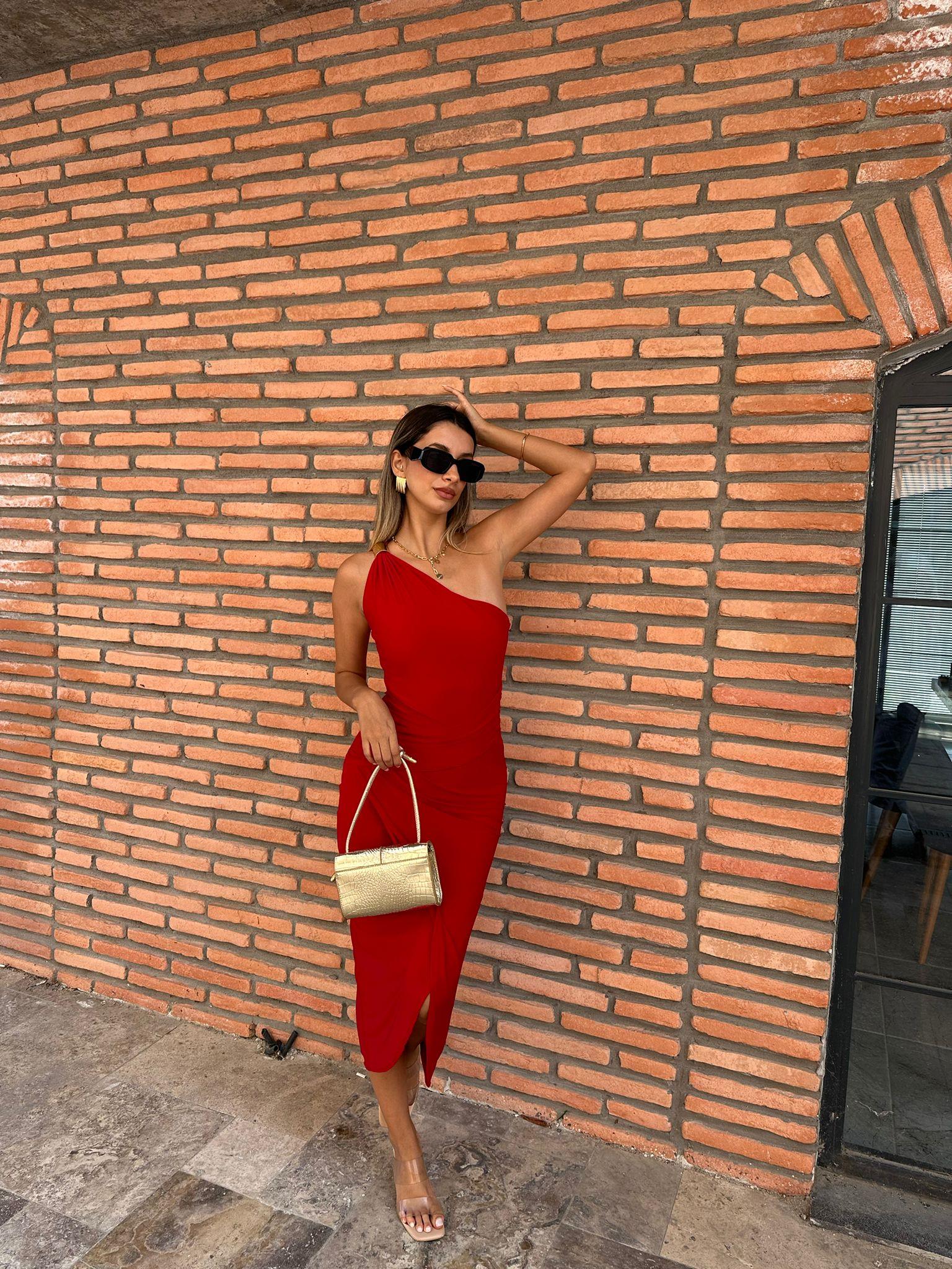 Askısı Gold Detay Kırmızı Tek Kol Elbise 070621204