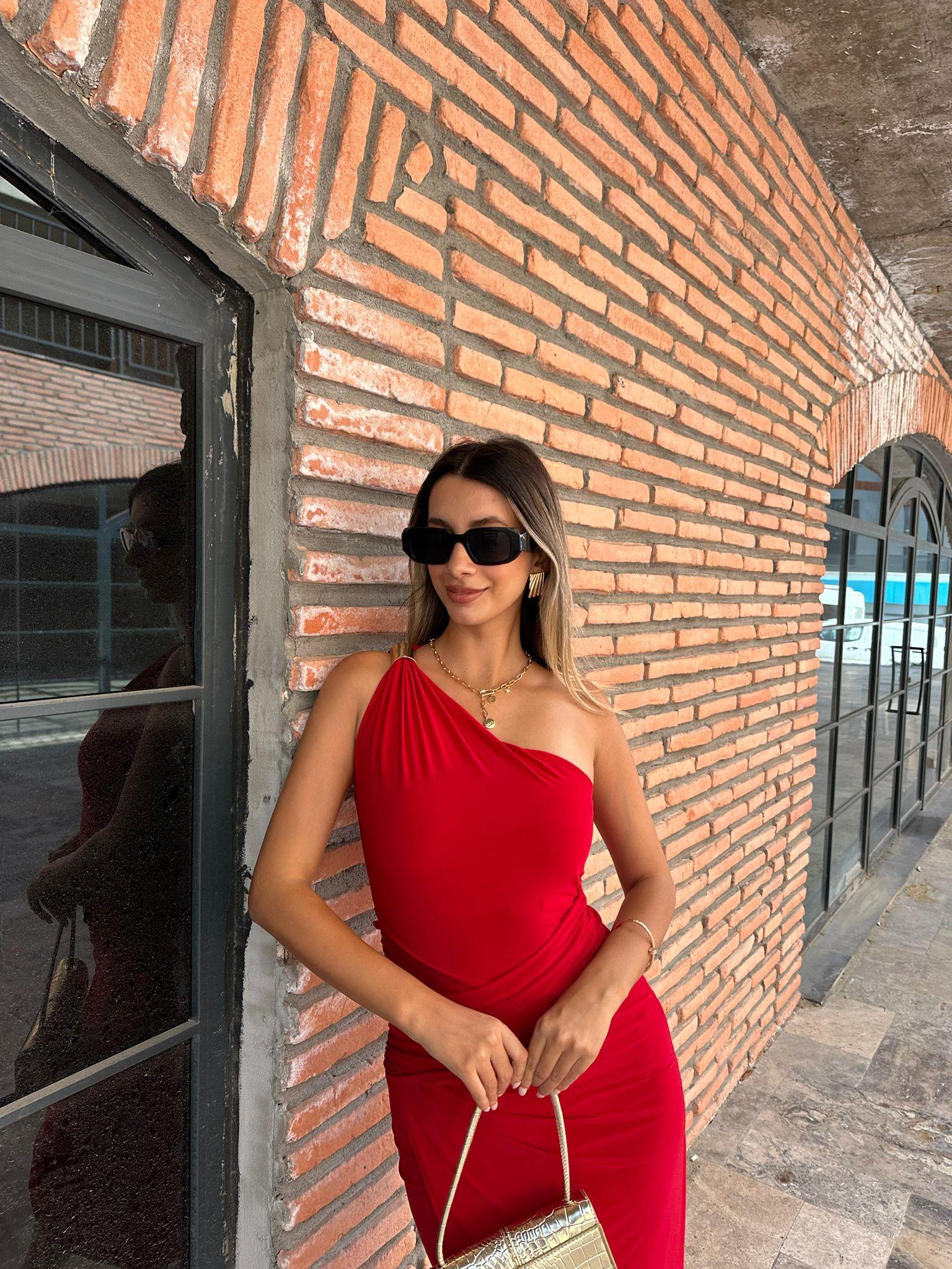 Askısı Gold Detay Kırmızı Tek Kol Elbise 070621204