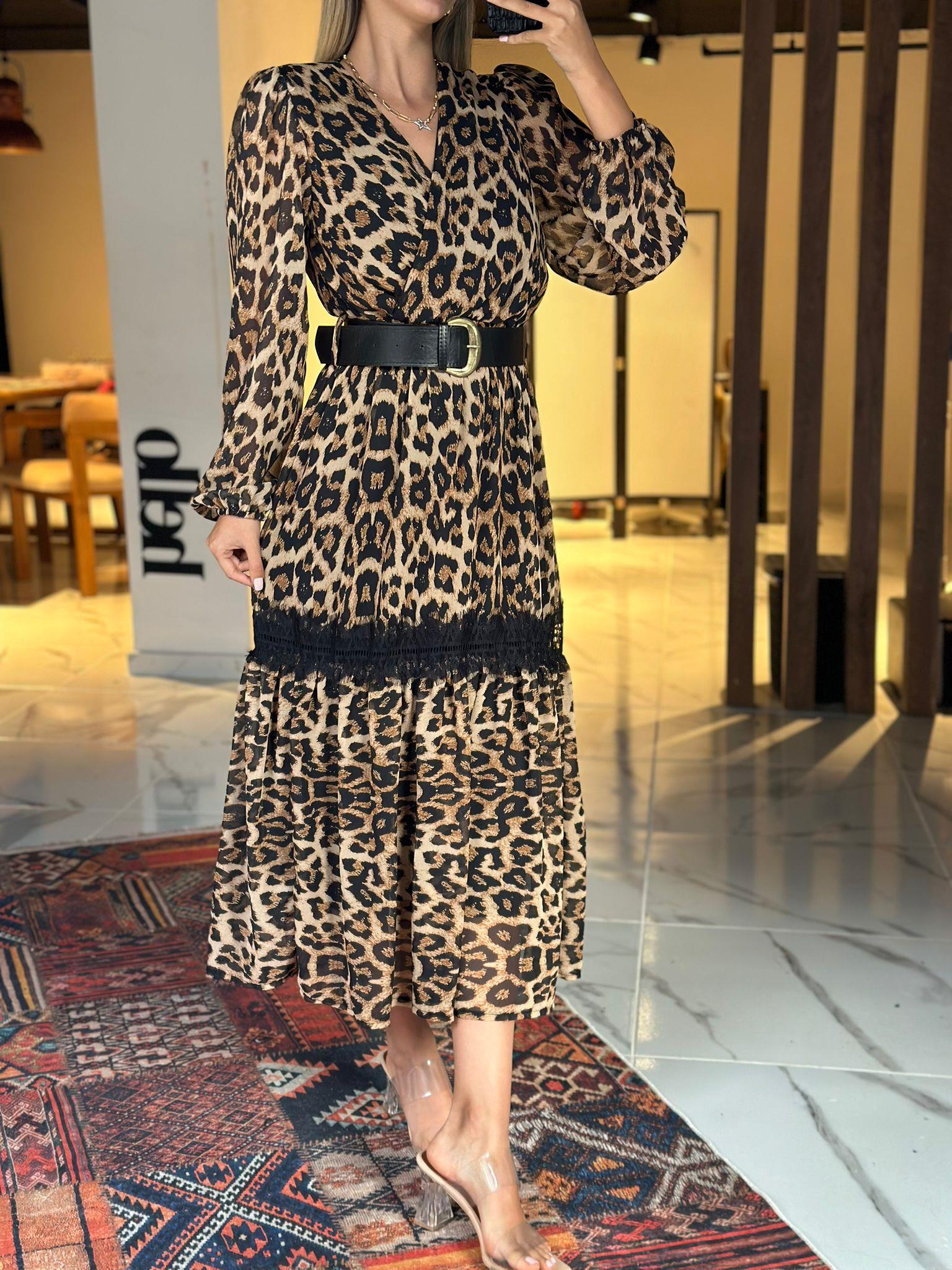 Astarlı Leopar Desen Dantel Detay Kemerli Elbise 1707400