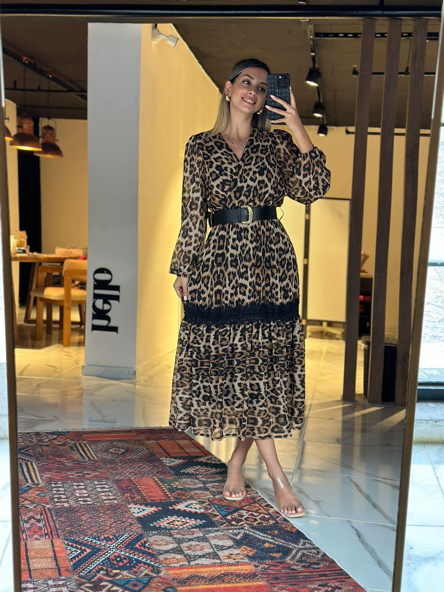 Astarlı Leopar Desen Dantel Detay Kemerli Elbise 1707400