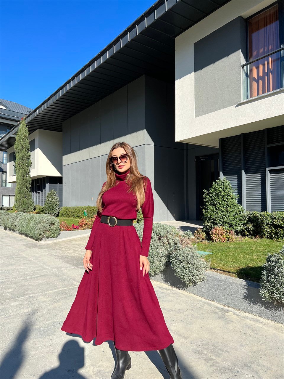 Balıkçı Yaka Bordo Triko Elbise