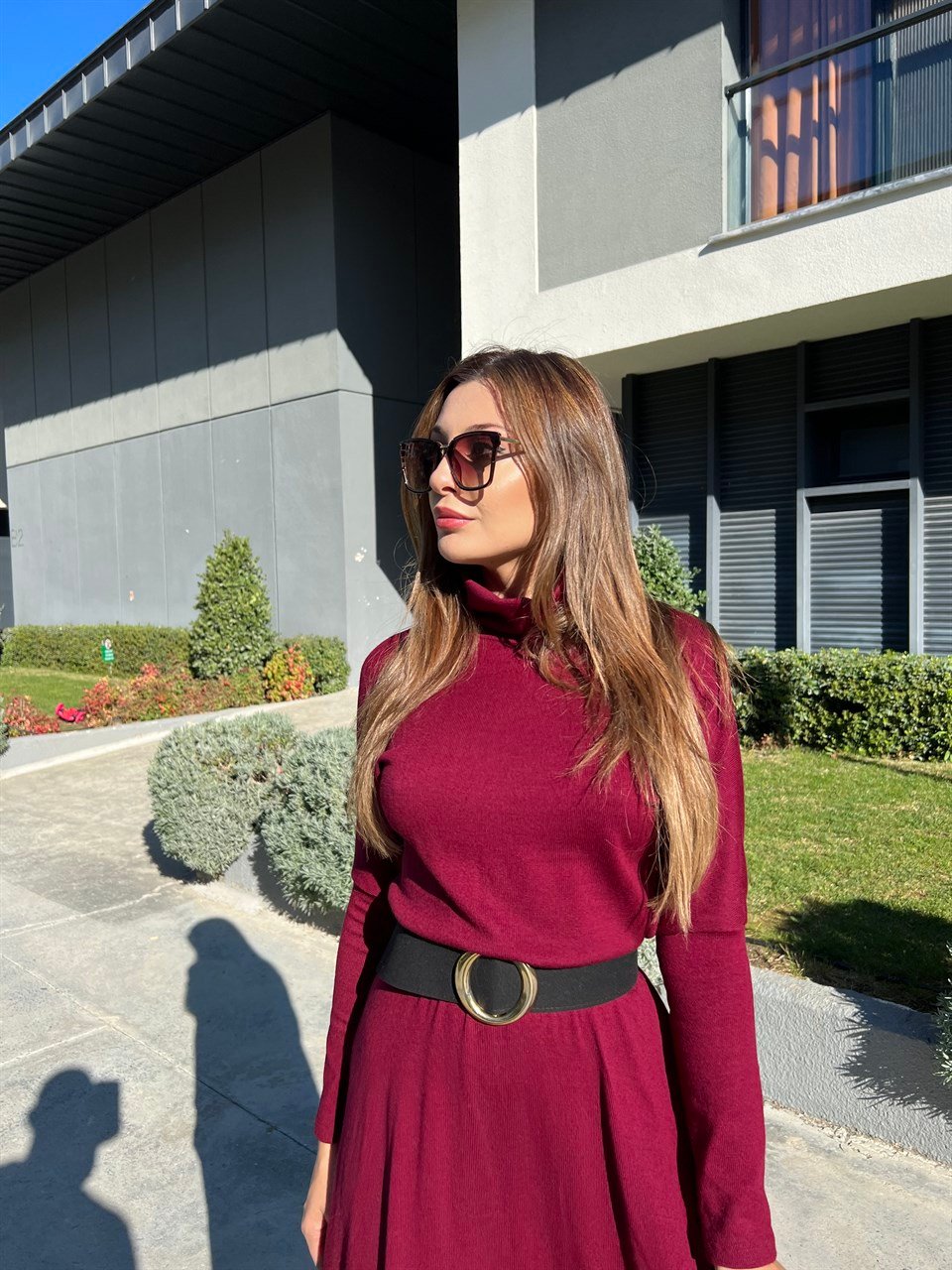 Balıkçı Yaka Bordo Triko Elbise