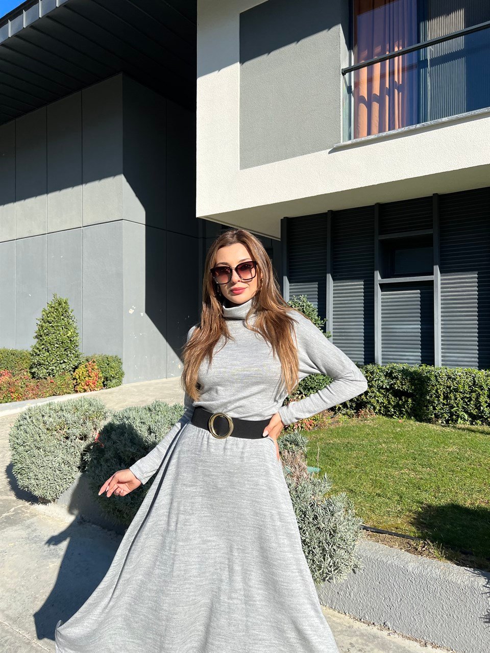 Balıkçı Yaka Gri Triko Elbise