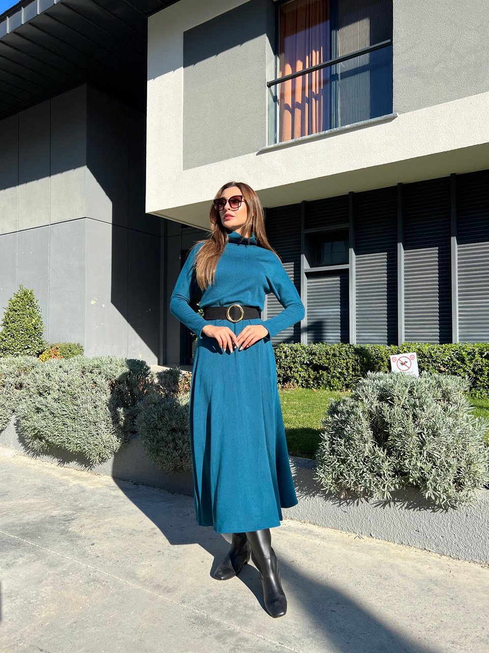 Balıkçı Yaka Mavi Triko Elbise