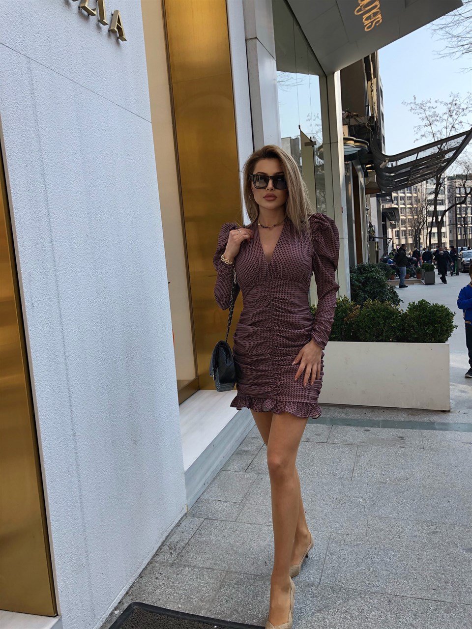 Balon Kol Büzgülü Elbise