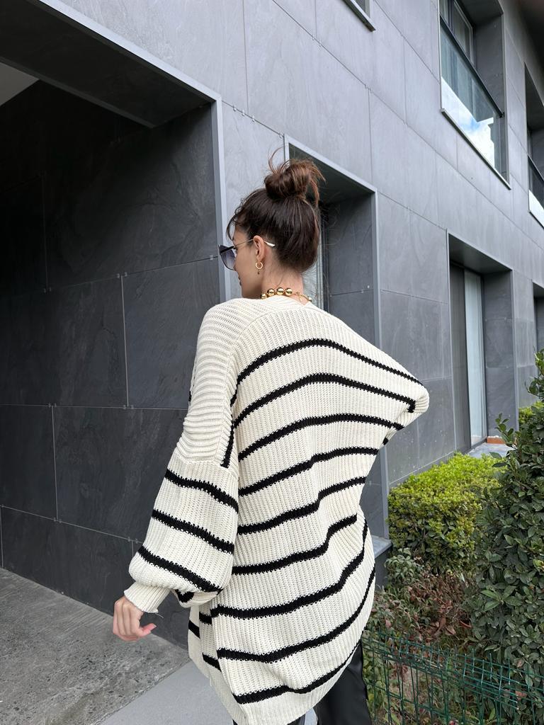 Balon Kol Çizgili Oversize Uzun Triko Hırka 1707459
