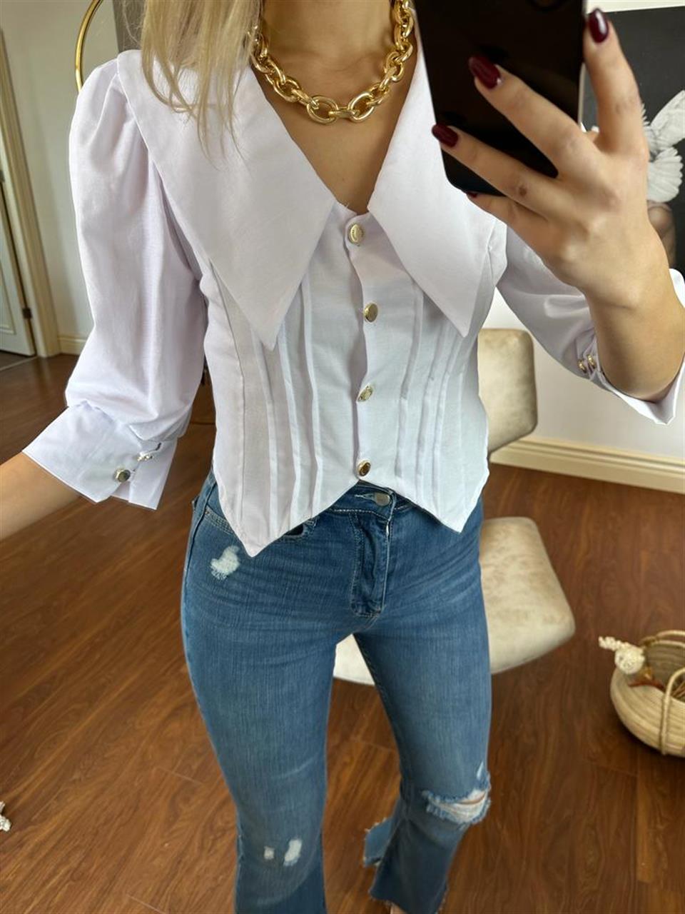 Bebe yaka gold düğmeli bluz beyaz 1104126