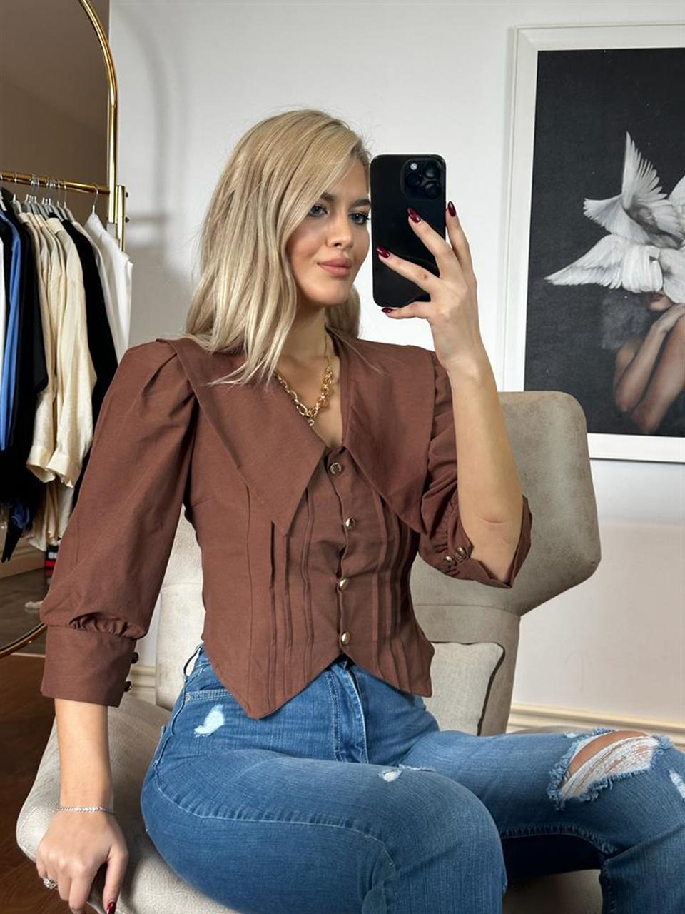 Bebe yaka gold düğmeli bluz kahve 1104126
