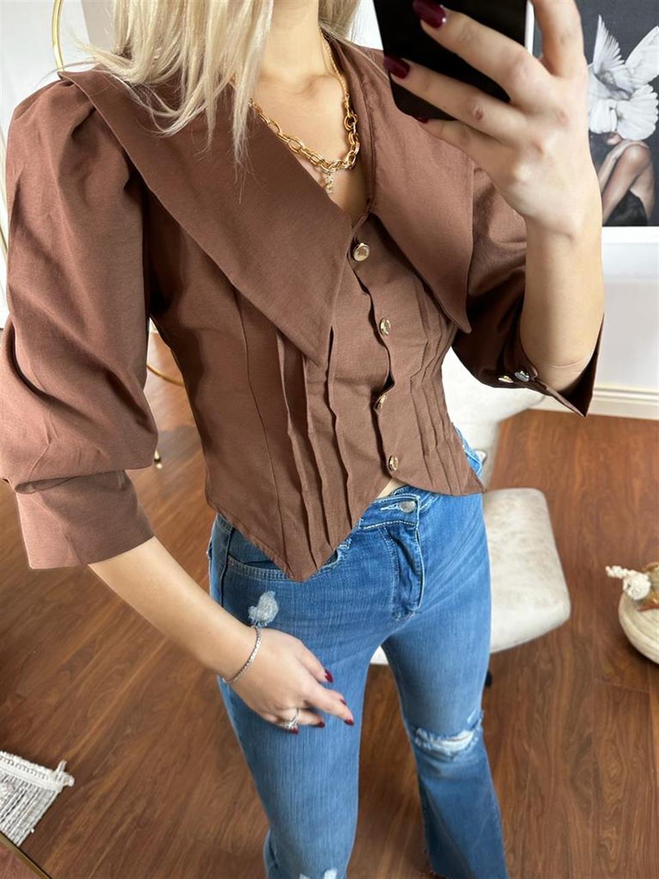 Bebe yaka gold düğmeli bluz kahve 1104126