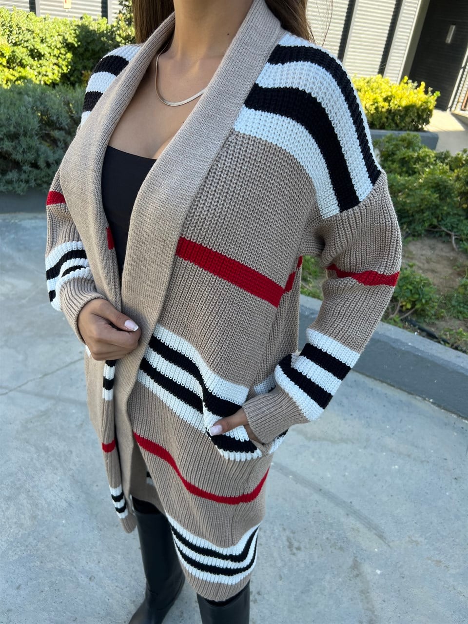 Becca Camel Uzun Çizgili Hırka