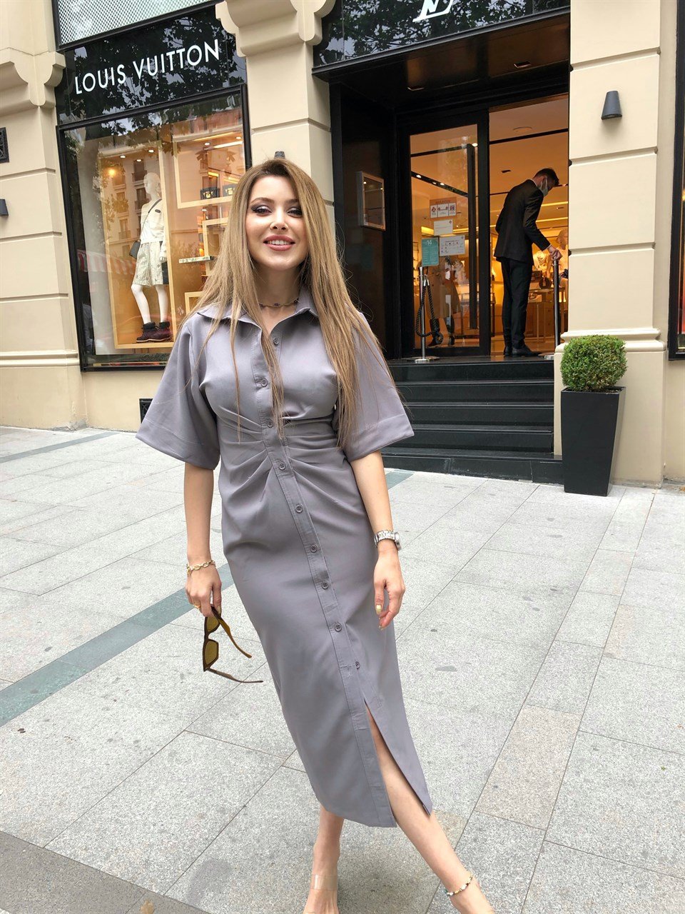 Bel Büzgülü Elbise Kül Gri