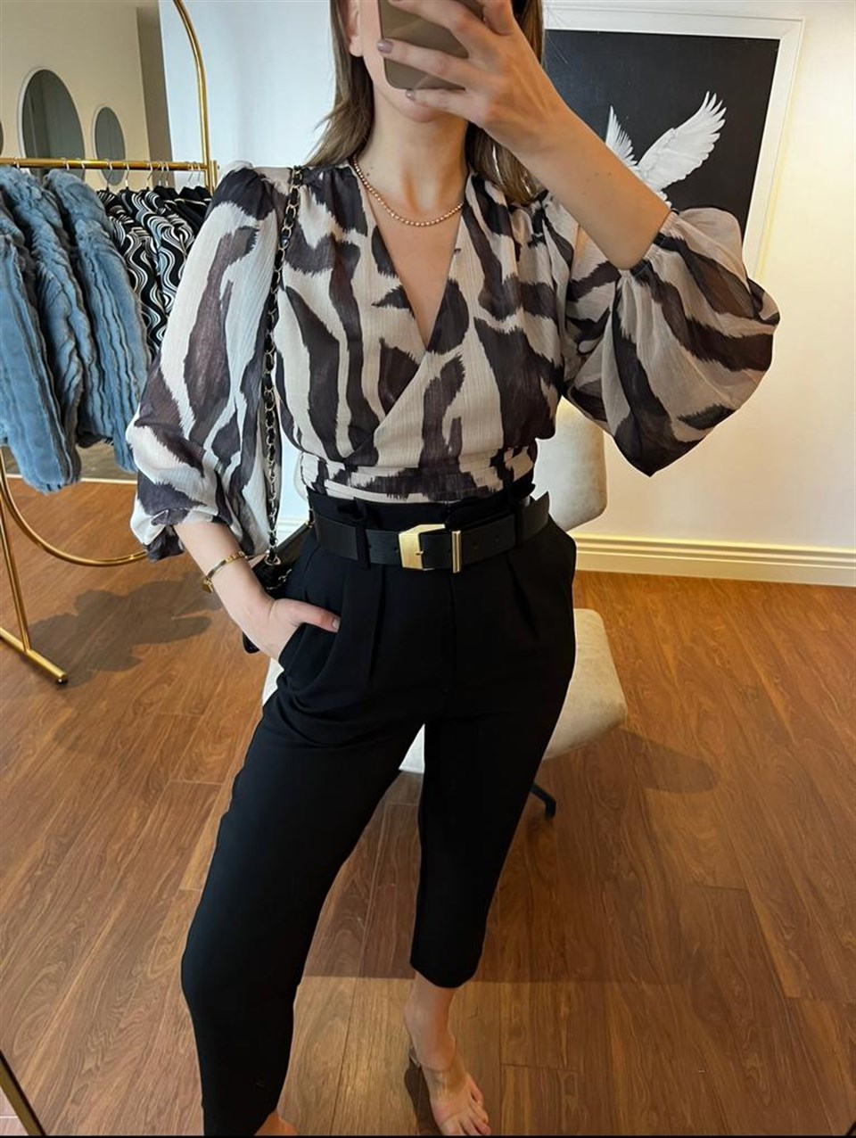 Bel Lastikli Batik Desen Şifon Bluz 4569
