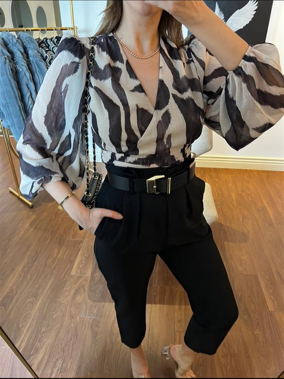 Bel Lastikli Batik Desen Şifon Bluz 4569