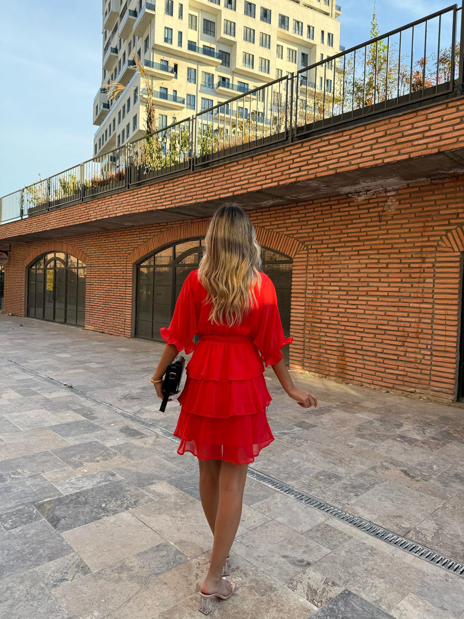 Bel Lastikli Kat Kat Şifon Elbise Kırmızı 070621111