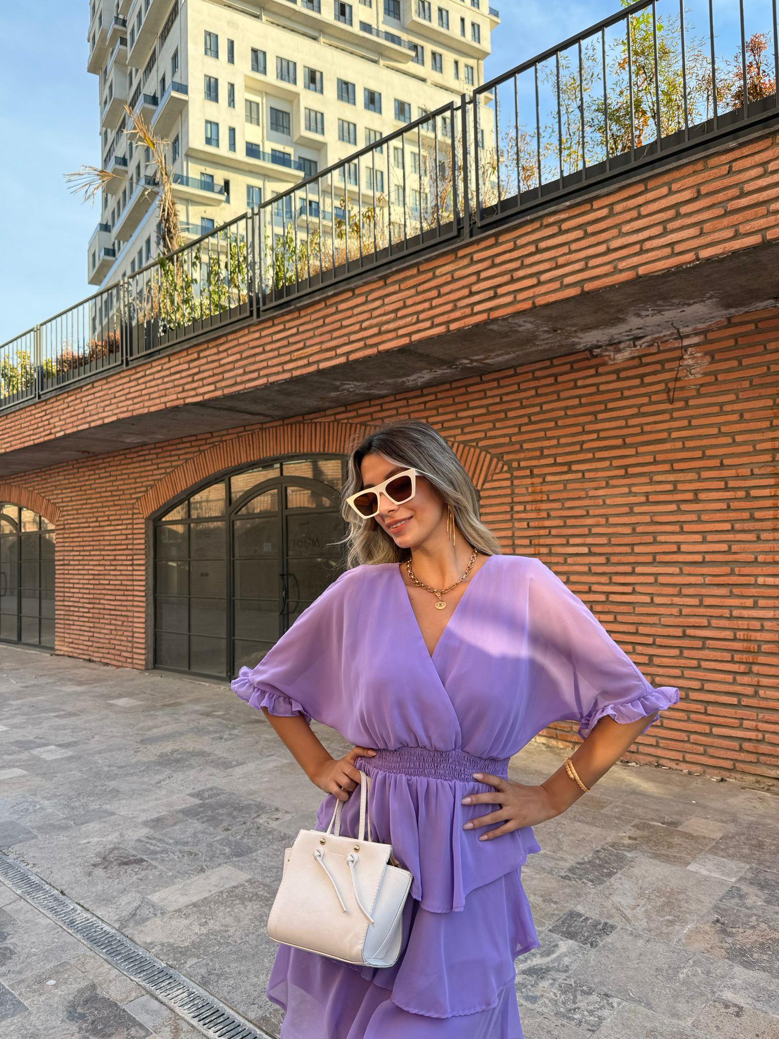 Bel Lastikli Kat Kat Şifon Elbise Lila 070621111