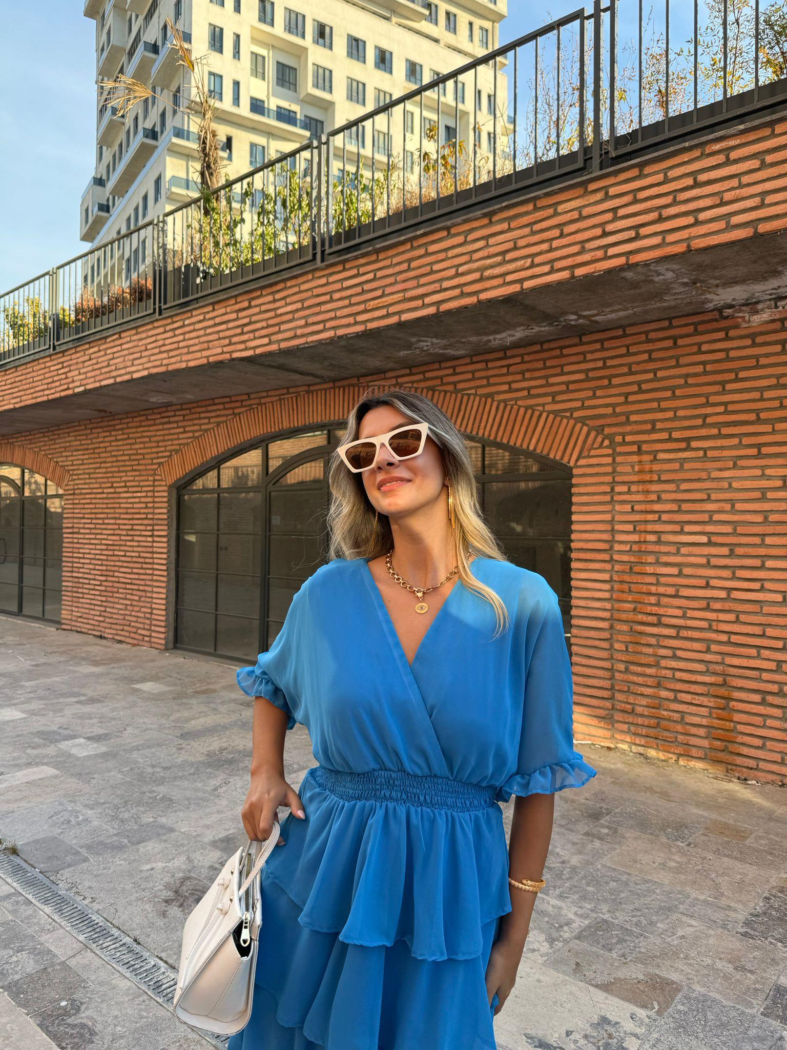 Bel Lastikli Kat Kat Şifon Elbise Mavi 070621111