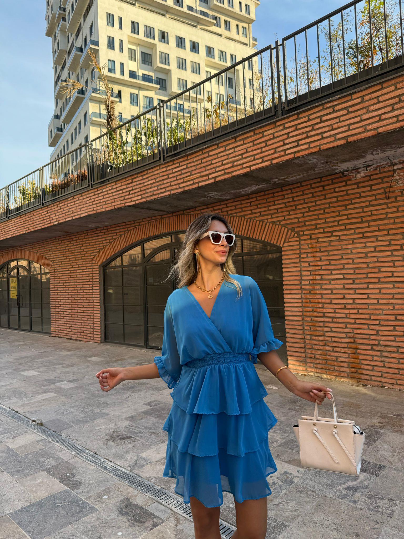 Bel Lastikli Kat Kat Şifon Elbise Mavi 070621111