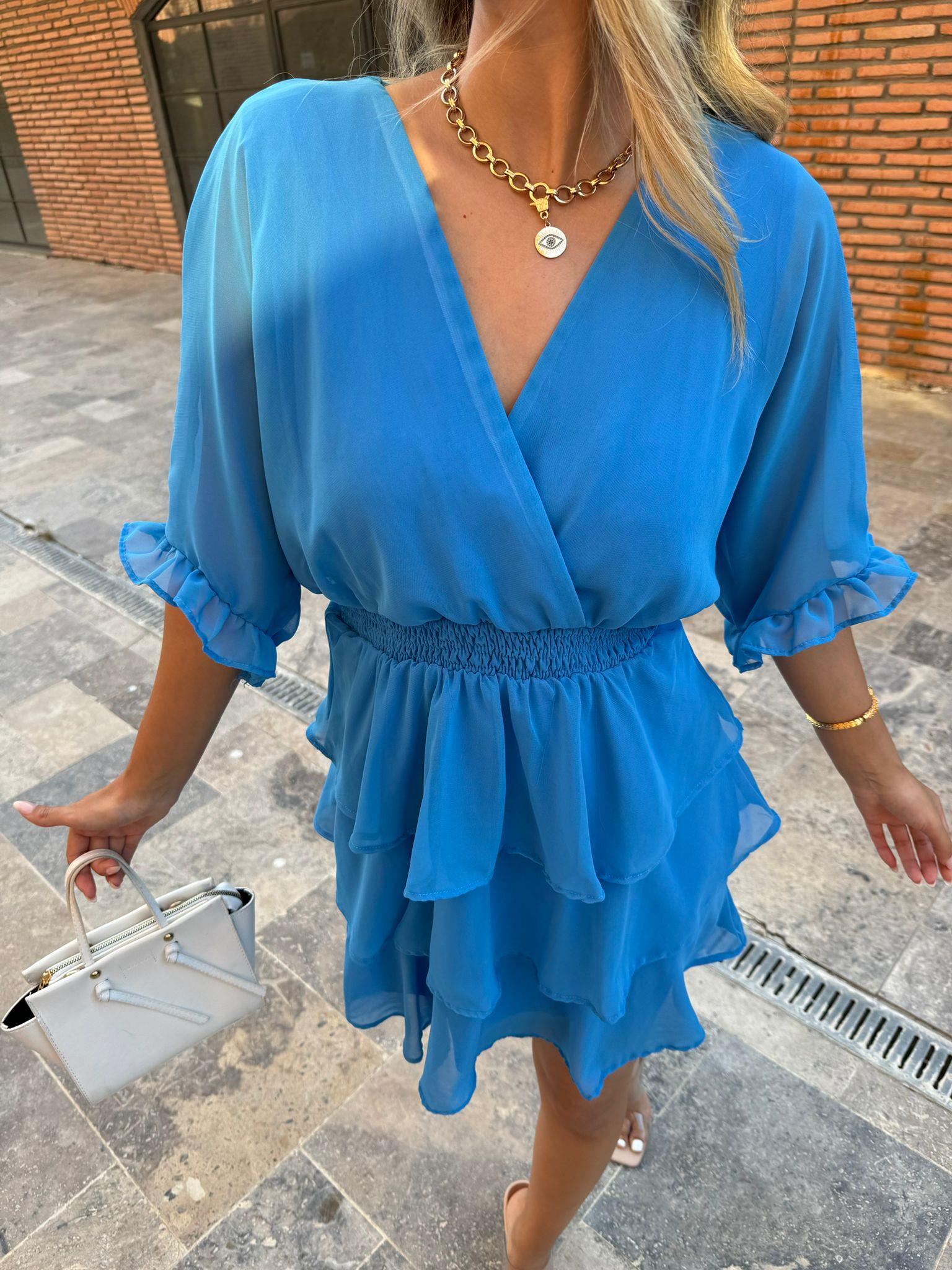 Bel Lastikli Kat Kat Şifon Elbise Mavi 070621111