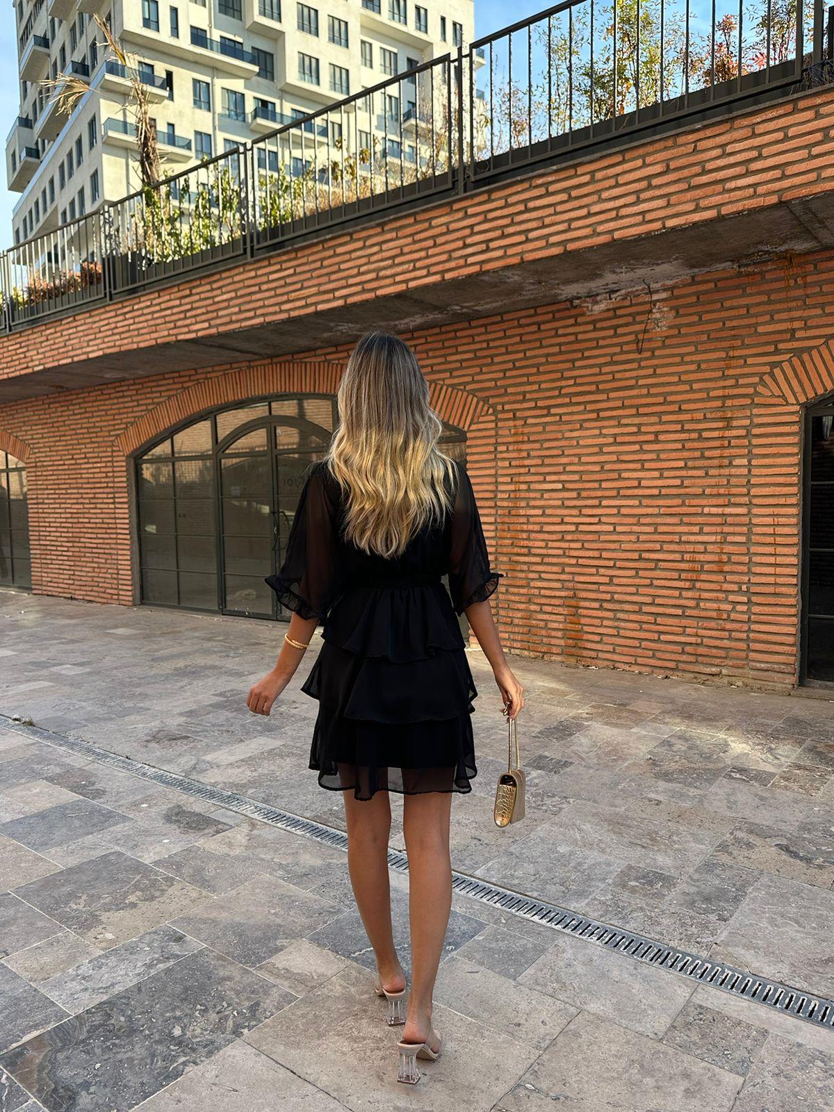 Bel Lastikli Kat Kat Şifon Elbise Siyah 070621111