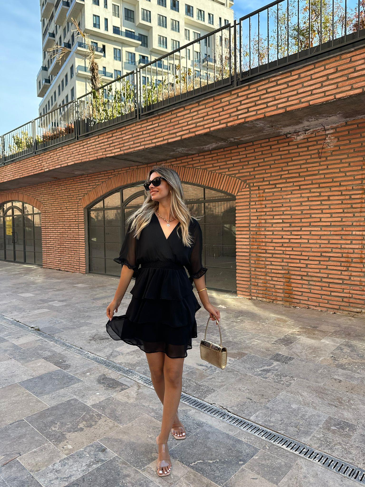 Bel Lastikli Kat Kat Şifon Elbise Siyah 070621111