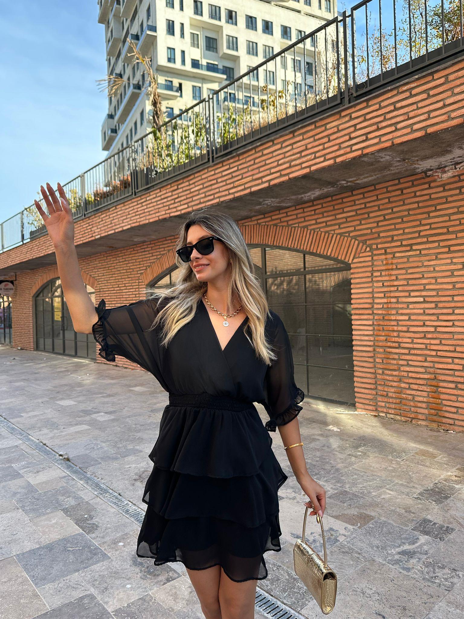 Bel Lastikli Kat Kat Şifon Elbise Siyah 070621111