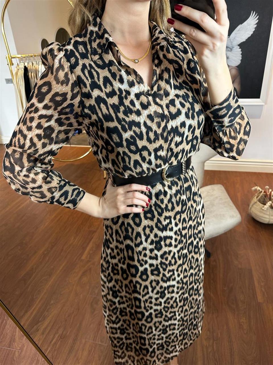 Bel Lastikli Kemerli Şifon Leopar Elbise 230285