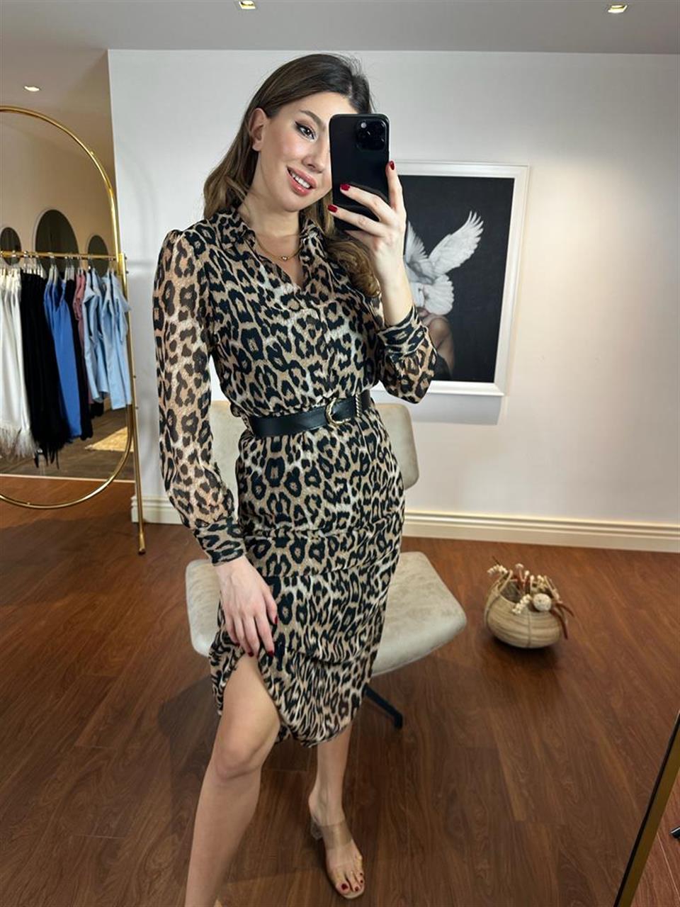 Bel Lastikli Kemerli Şifon Leopar Elbise 230285