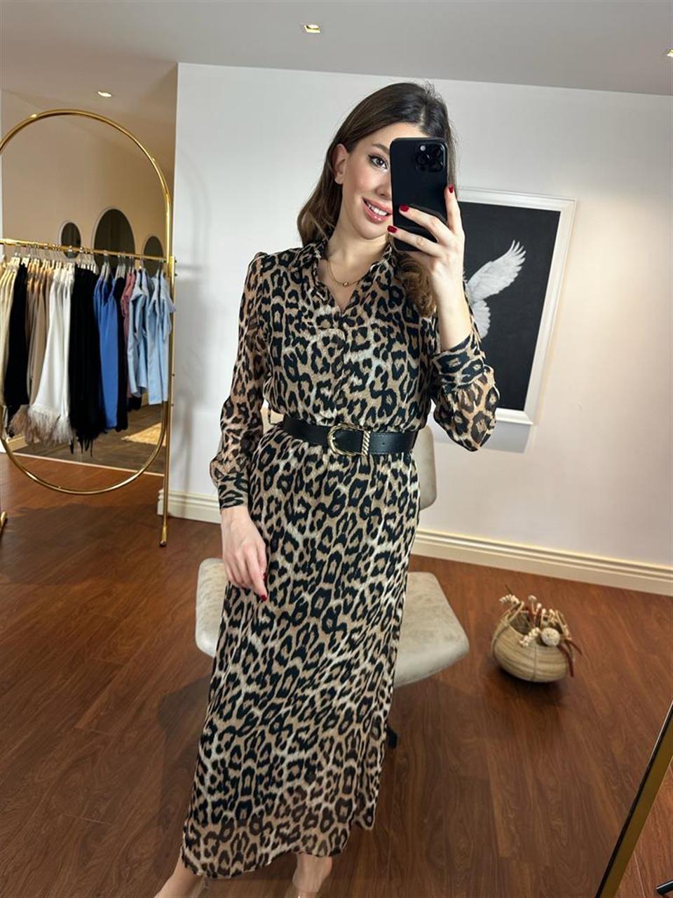 Bel Lastikli Kemerli Şifon Leopar Elbise 230285