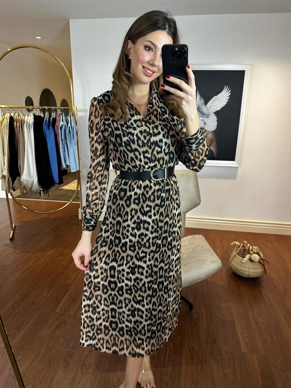 Bel Lastikli Kemerli Şifon Leopar Elbise 230285