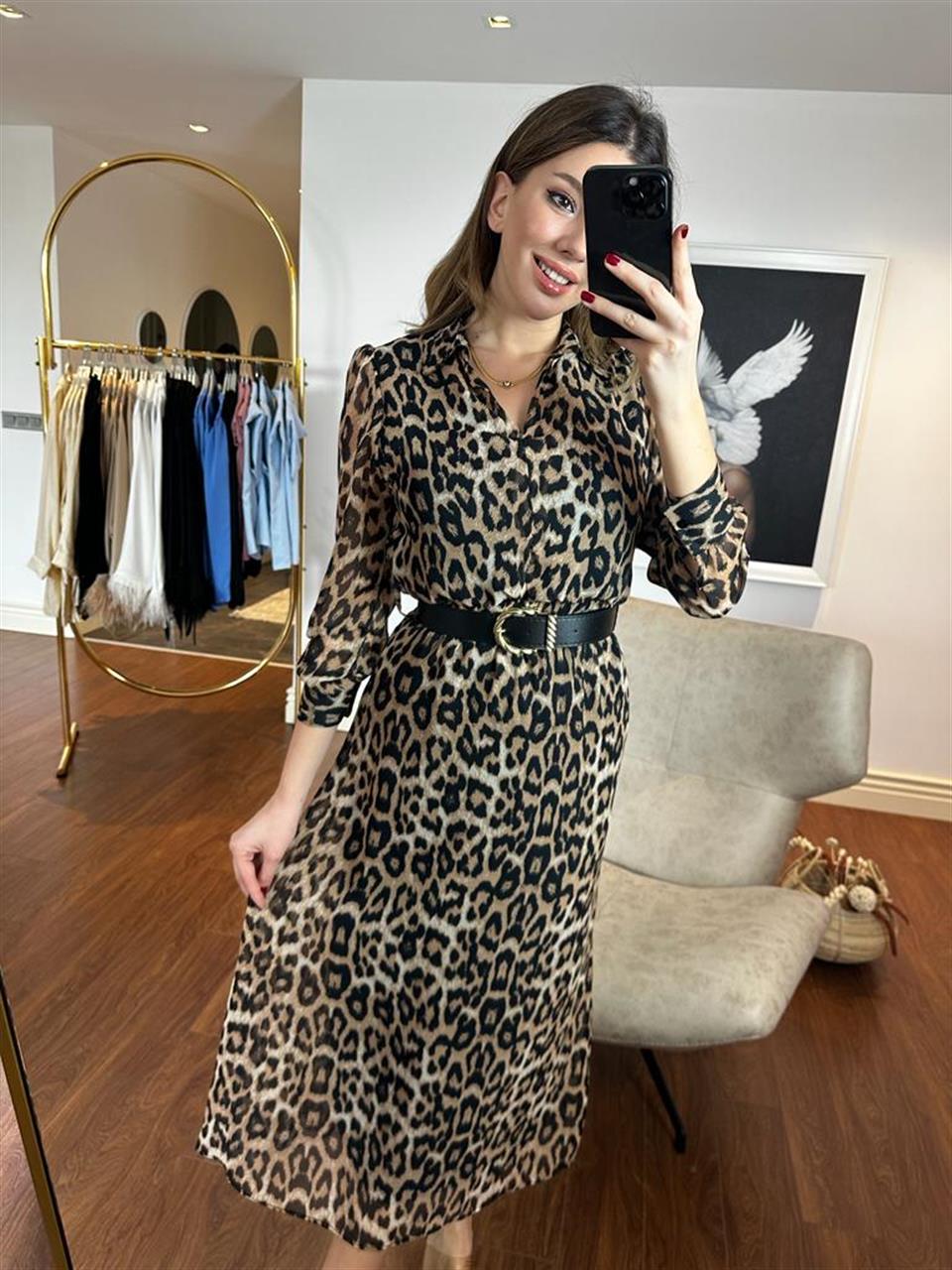 Bel Lastikli Kemerli Şifon Leopar Elbise 230285
