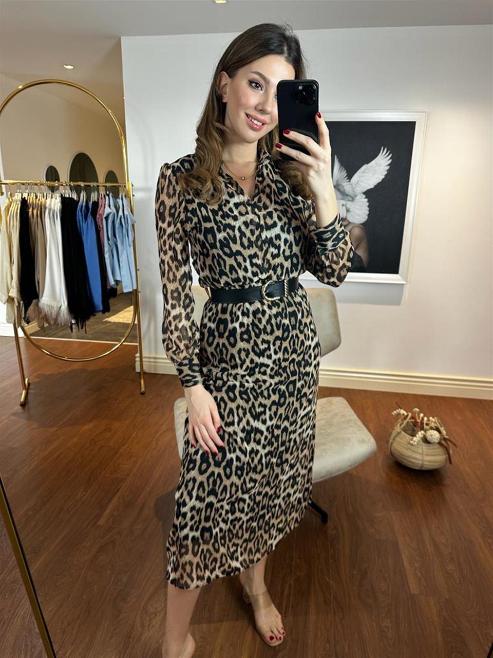 Bel Lastikli Kemerli Şifon Leopar Elbise 230285